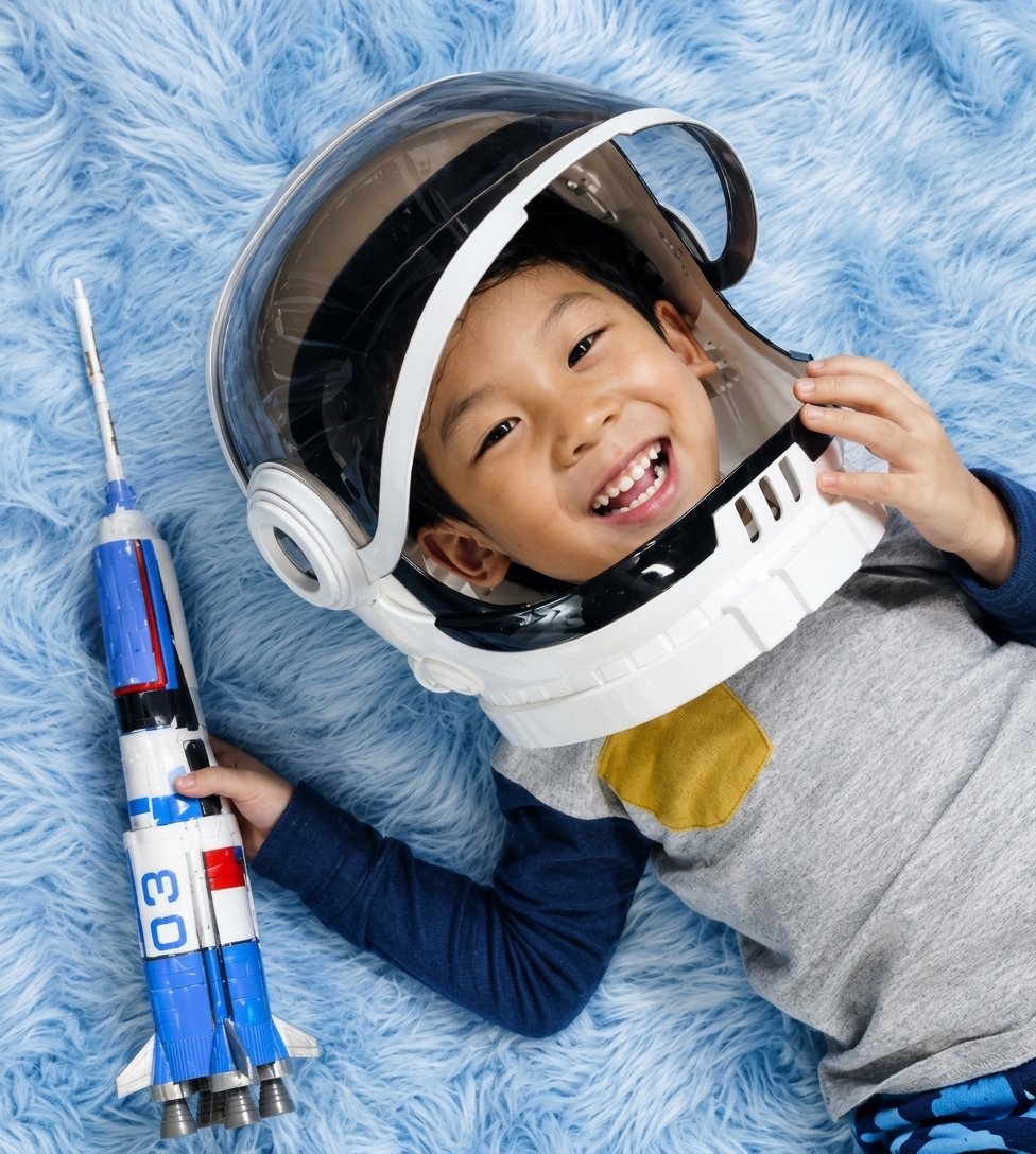 A smiling child wearing a white toy astronaut helmet